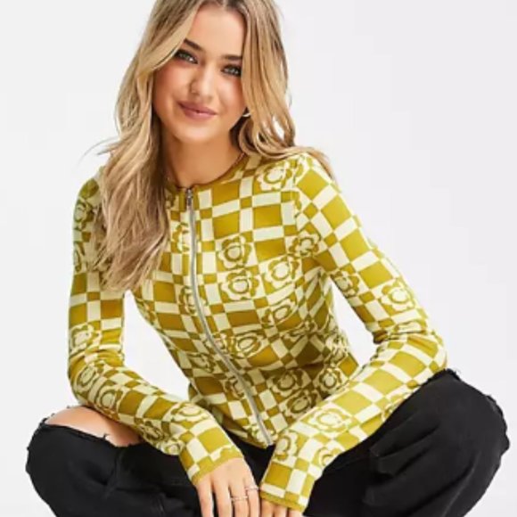 NWOT ASOS knit cardigan in yellow checkered floral print Size Small - Picture 4 of 7
